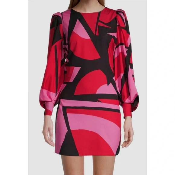 ONE33 SOCIAL GEO-PRINTED LONG-SLEEVE SHIFT DRESS IN RED - Picture 1 of 9